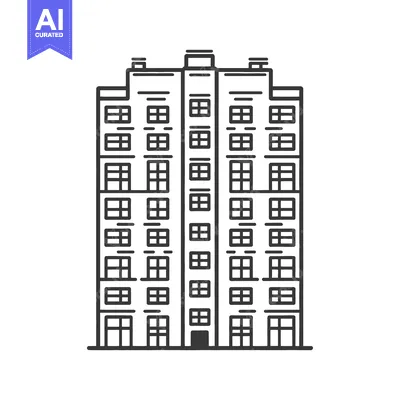 Aset desain premium: A tall black and white building with multiple levels and windows