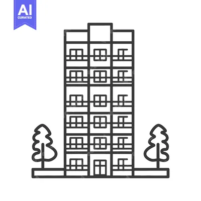 Aset desain premium: A tall residential apartment building flanked by two stylized green tr
