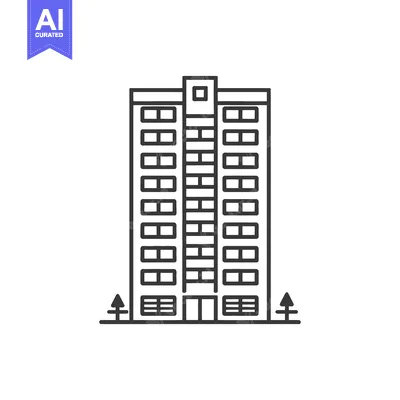 Aset desain premium: A simple black and white illustration of a tall apartment building