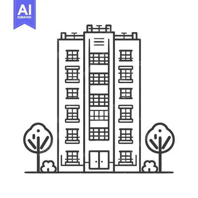A tall building with windows trees and a simple flat design