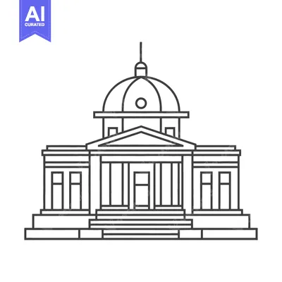 Black and white outlined image of a classical style building