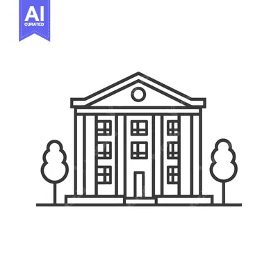 Aset desain premium: A graphic illustration shows a building with columns and trees