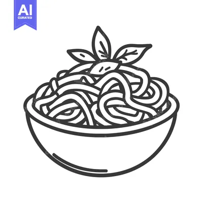 Aset premium populer: A simple illustration of spaghetti and fresh basil in a bowl