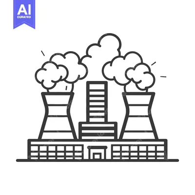 Popular premium asset: A monochrome line drawing of a power plant emitting smoke