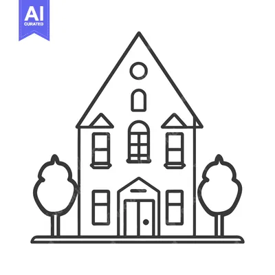 Premium design asset: A simple black and white drawing of a building with trees
