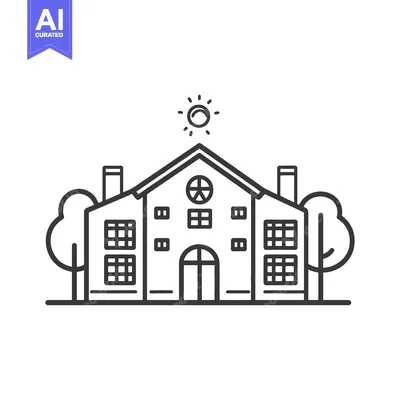 Aset desain premium: A black and white illustration of a house on a sunny day