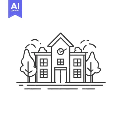 Aset desain premium: A simple black and white illustration of a school building