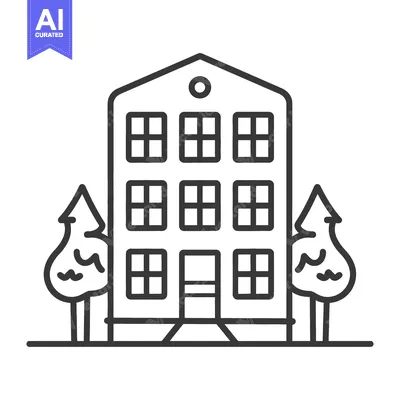 Aset desain premium: A simple line drawing of a building with trees