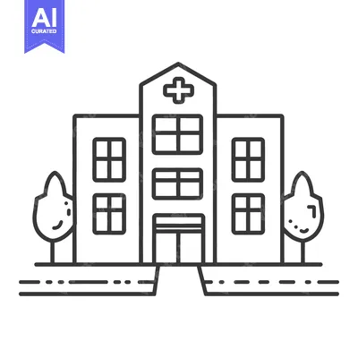 Aset premium populer: A line drawing depicts a medical facility with trees and road