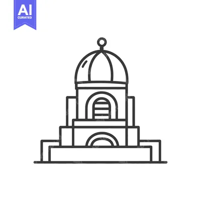 A stylized architectural drawing depicting a structure with a dome