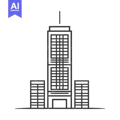 An outline drawing of a skyscraper and smaller adjacent buildings