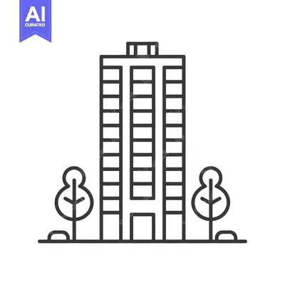 Aset desain premium: Tall apartment building icon surrounded by two stylized leafy trees
