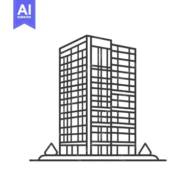 Aset premium populer: A tall black and white illustrated building stands on a flat surface