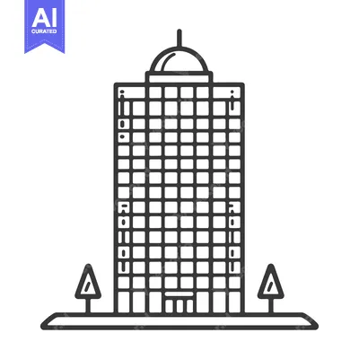 Aset desain premium: Black and white illustration of a tall office building with trees