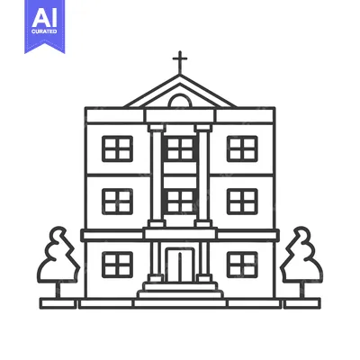 A simple illustration of a building with columns and a cross