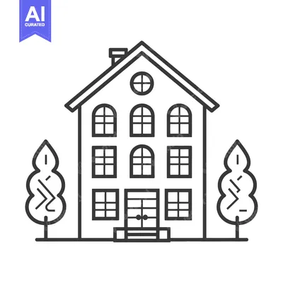 Aset premium populer: A simple black and white illustrated house with accompanying trees