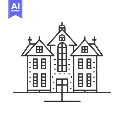 A symmetrical line drawing illustration depicting a church building