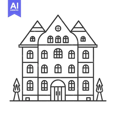 Aset desain premium: A simplified linear drawing of a large building and trees