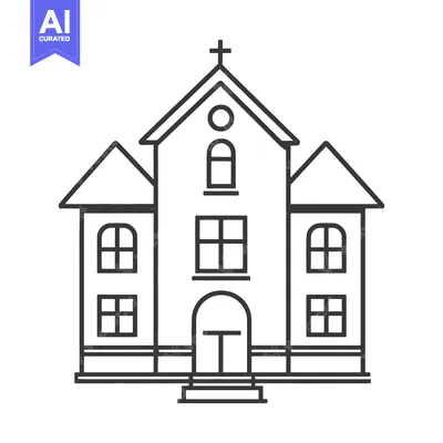 Simple black and white illustrated depiction of a religious building