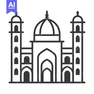 Aset premium populer: A black and white outline drawing of a domed mosque