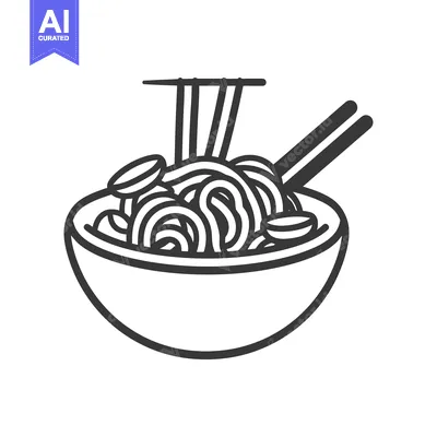 Aset premium populer: A monochrome illustration depicting noodles in a bowl with chopsticks