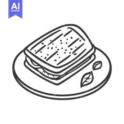 A detailed drawing of a sandwich with basil on a plate