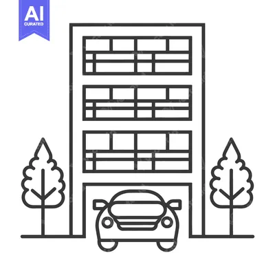 Aset premium populer: A simple linear illustration showing a building with car and trees