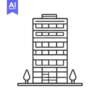 Aset desain premium: A tall linear illustrated building with multiple windows and two trees