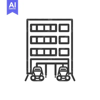 Aset premium populer: A simple line drawing of a building with vehicles underneath
