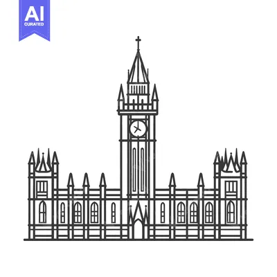 Aset desain premium: A detailed monochromatic outline of a large iconic building