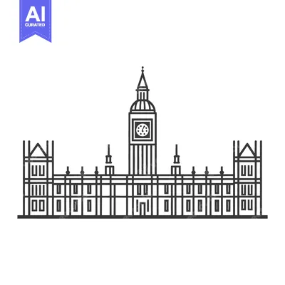 Aset desain premium: Black outline illustration of a large building with a tall clock tower