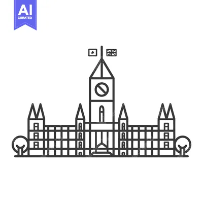 Aset premium populer: A simple line drawing representing a tall governmental building with f