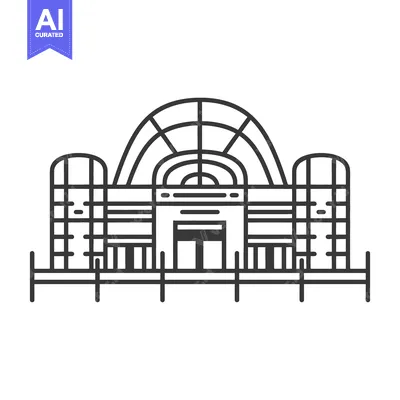 Aset desain premium: A simple black and white line drawing of a large building