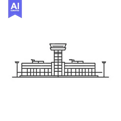 Premium design asset: Linear drawing depicting an architectural building and control tower