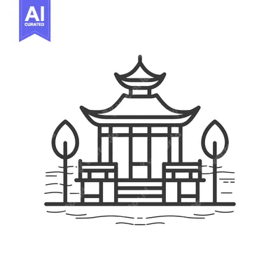 A detailed line art illustration of a traditional Asian structure