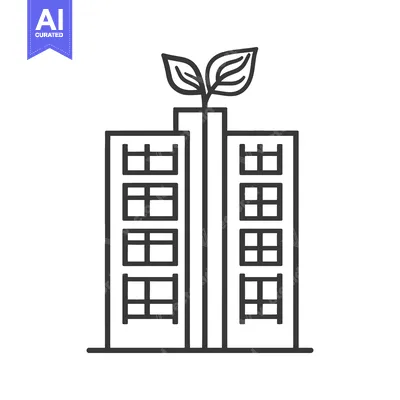 Aset premium populer: A tall building with leaves sprouting from the top of its roof