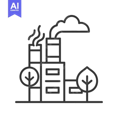 Aset desain premium: An industrial factory with smoke stacks and trees in view