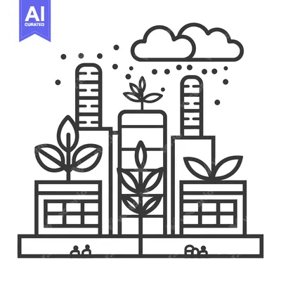 Aset desain premium: An illustration depicts industrial buildings incorporating growing pla