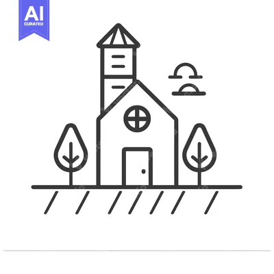A simple line art illustration of a church with trees