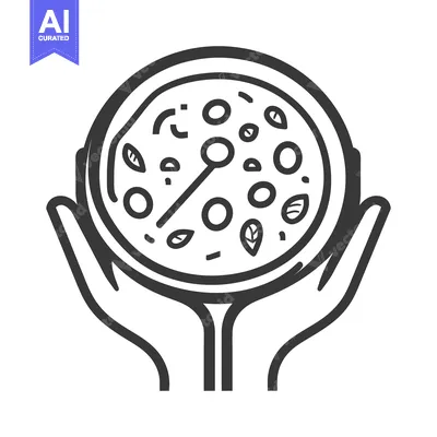 Premium design asset: A black and white illustration of a pizza held in hands