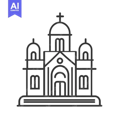 A detailed schematic line drawing of an elegant church building