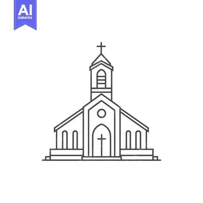 Simple line drawing of a church building with a steeple and cross