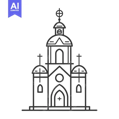 A simple black and white architectural illustration of a church buildi