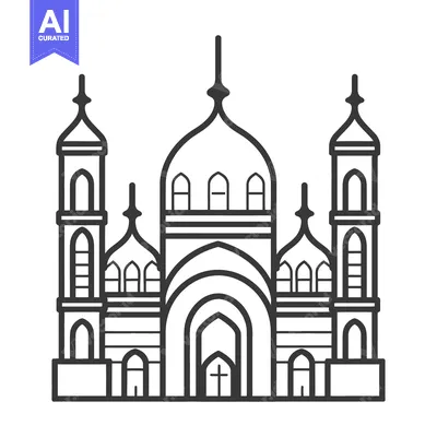 Aset desain premium: Black and white illustration of a grand building with domes and towers