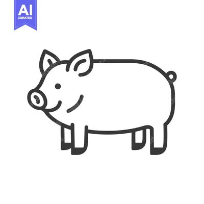 Premium design asset: A simple black and white line drawing of a happy pig