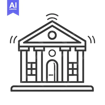 Aset desain premium: A black and white illustration of a classical building emitting signal