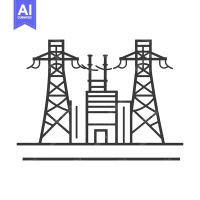Aset desain premium: Simplified illustration showing power plant with transmission pylons a
