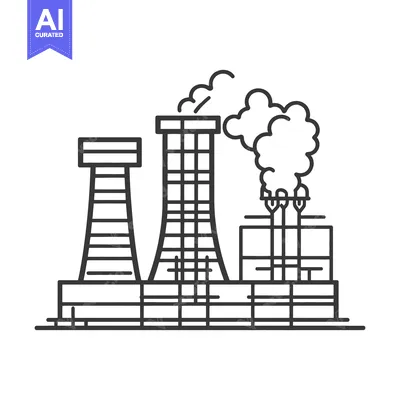 Aset desain premium: A stylized graphic illustration depicts an industrial factory with emi