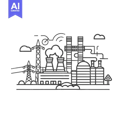 Aset desain premium: Illustration depicts an industrial plant with power lines and clouds