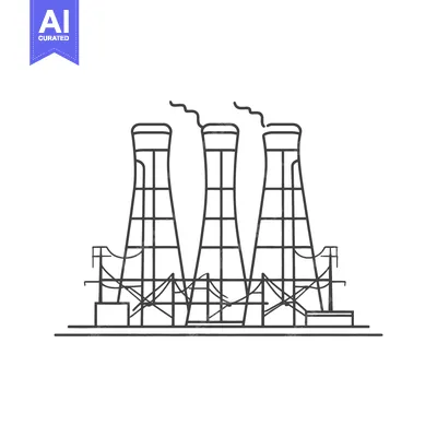 Aset desain premium: A monochrome illustration of a power plant with smokestacks
